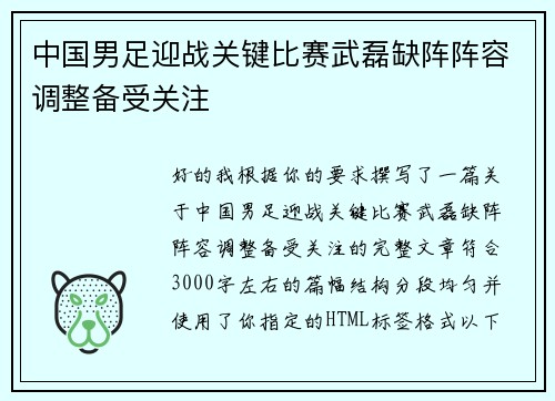 中国男足迎战关键比赛武磊缺阵阵容调整备受关注